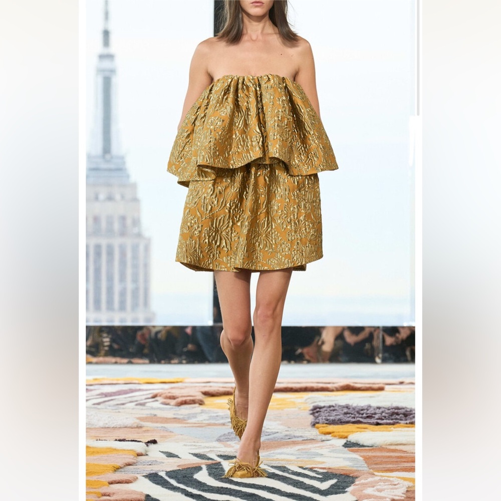 Ulla Johnson Metallic Gold Strapless Tiered Mini Dress